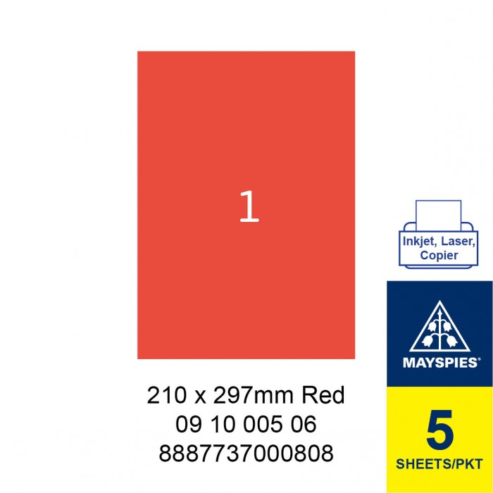 MAYSPIES 09 10 005 06 LABEL FOR INKJET / LASER / COPIER 5 SHEETS/PKT RED 210X297MM